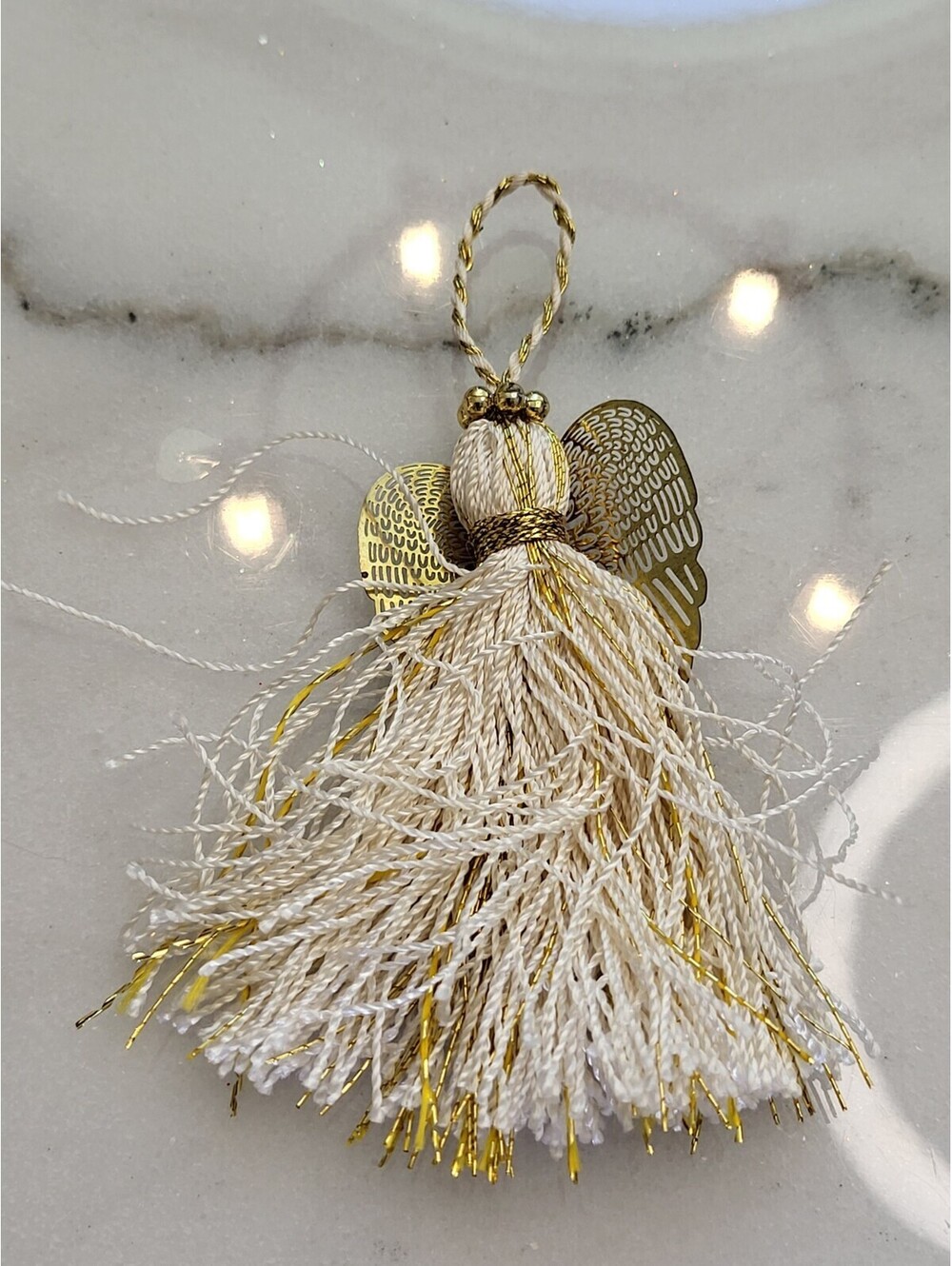 Vtg Brass Wings Tassel Angel Gold &Ivory White  4" Christmas Ornament A88
